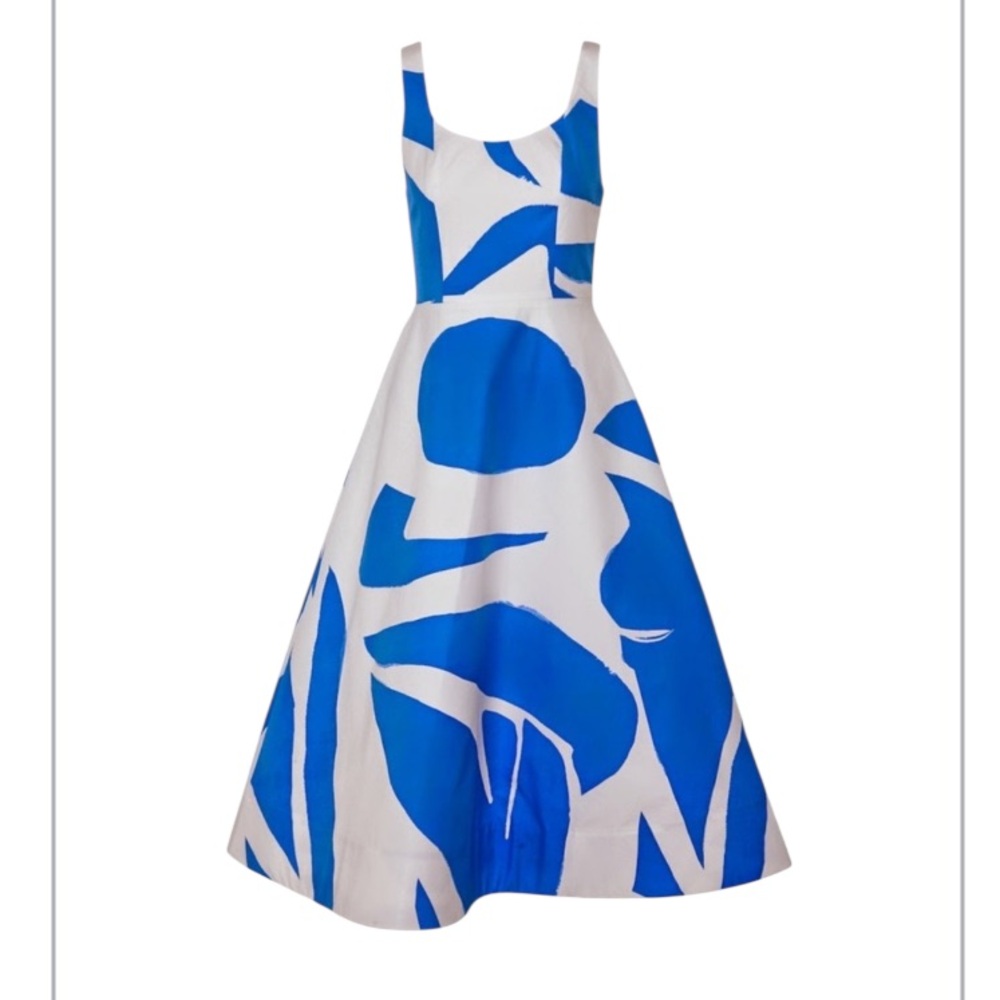 Alice + Olivia Matisse Midi Cotton Dress Gown White Blue Fit & Flare Art